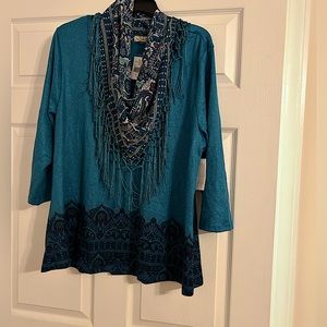One World teal flowy top with scarf NWT